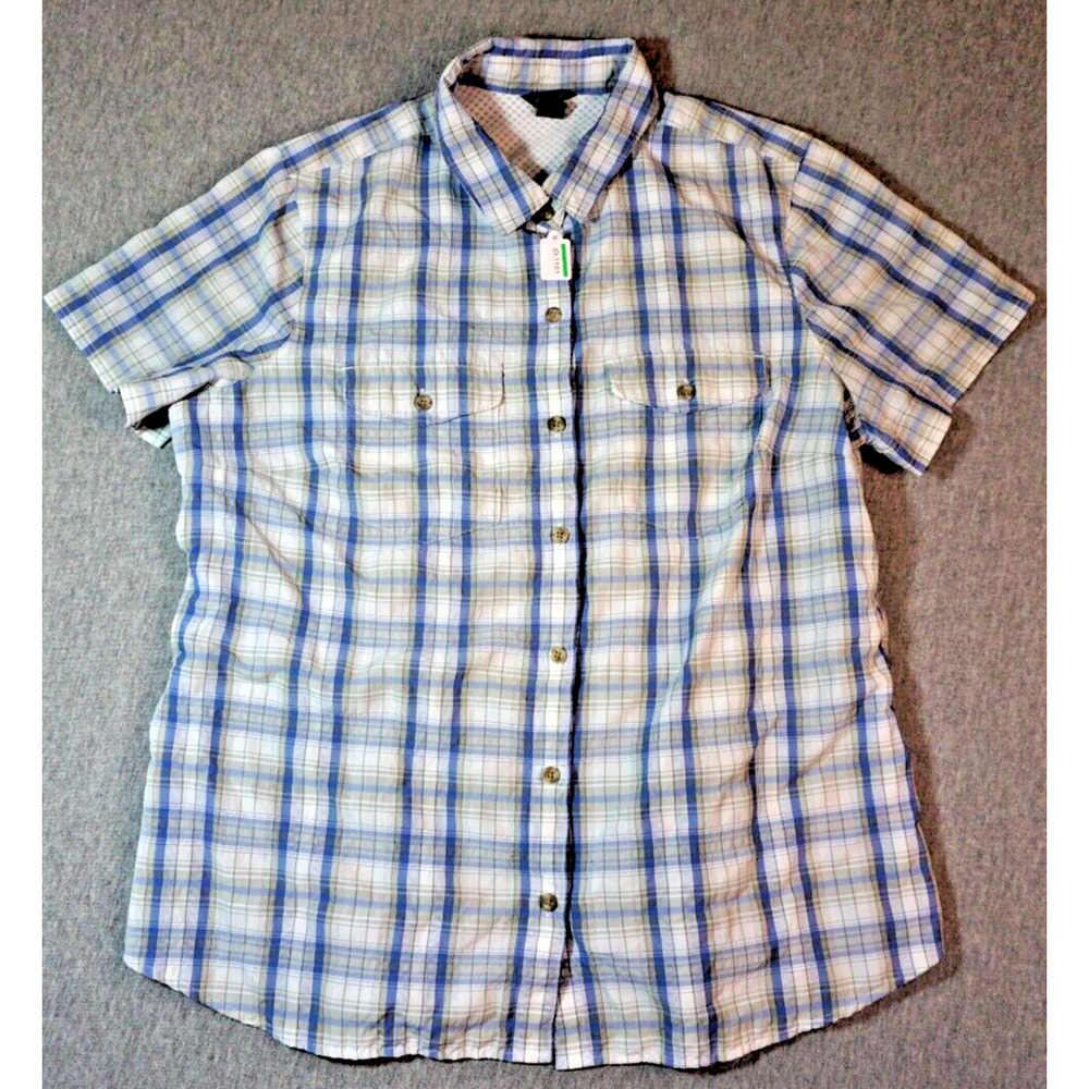 Eddie Baur Women's Plaid Fishing shirt short sleeve Sz L Blue gray 42"